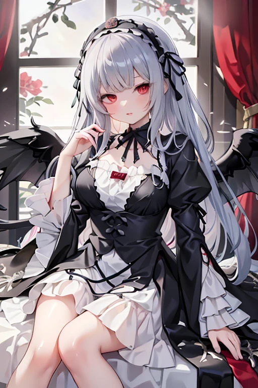 masterpiece, highest quality, High resolution, 1 ****************、Red eyes、
Gray Hair、Straight Long Hair、Luxury Bedroom、sui1, suigintou, Gothic Dress, Flower Hair Ornaments, Long sleeve, gothic hair band, ribbon, Black Dress, Black wings