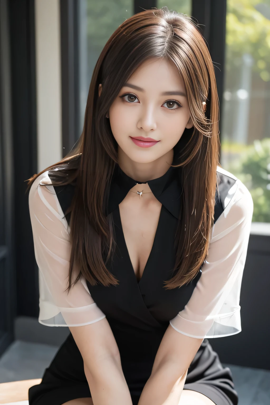 (RAW Photos), (Realistic), (masterpiece), (highest quality), High resolution, 8k, (Intricate details), (Volumetric Light), Portraiture, woman, Age 25, Medium Hair, Straight hair, Mid-chest, Layered Hair, Brown Hair, Very beautiful eyes, Source order, Very thin eyebrows, Very fine skin, Very beautiful mouth, Very nice nose, Cute like an idol, smile, (Thick lips), (Looking at the audience), (Black dress shirt with see-through collar), Above the knee shot、Sitting on a chair