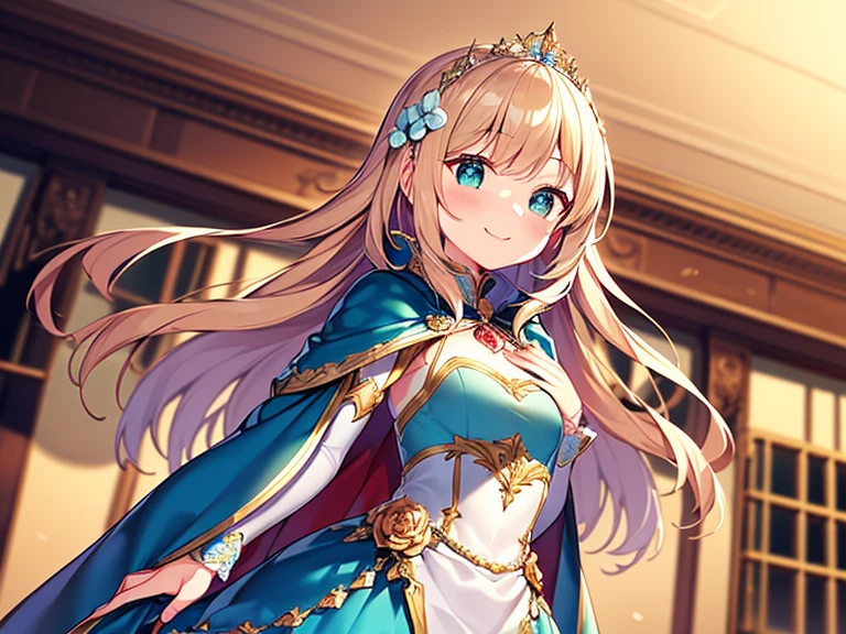 (kawaii),(best quality),(ultra detailed), upper body,(rococo style),(long train mint blue cape:1.05), very long cape,(long train mint blue ball gown with flower decorations:1.05), a girl is wearing a cape over her gown, 1 princess, tiara, smile, small breasts, very long hair