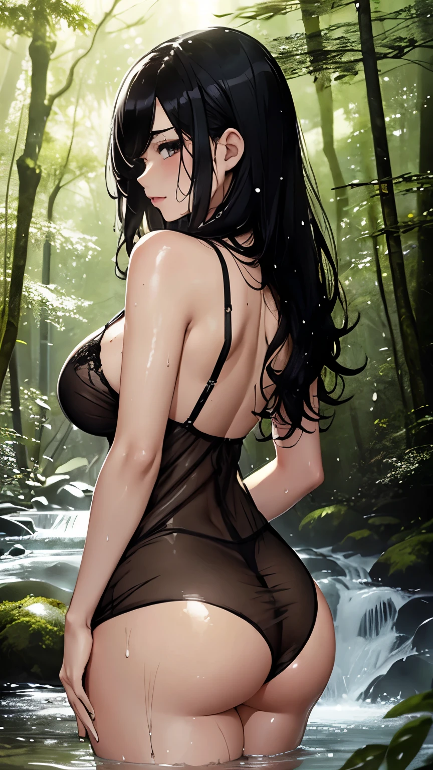 high school girl、beautiful girl、Black Hair、Big breasted body type、glamorous、See-through negligee、Wet skin、Wet hair、Shy expression、A stream in the forest、Sunlight filtering through the trees、Thick eyebrows、Erotic atmosphere、Back view