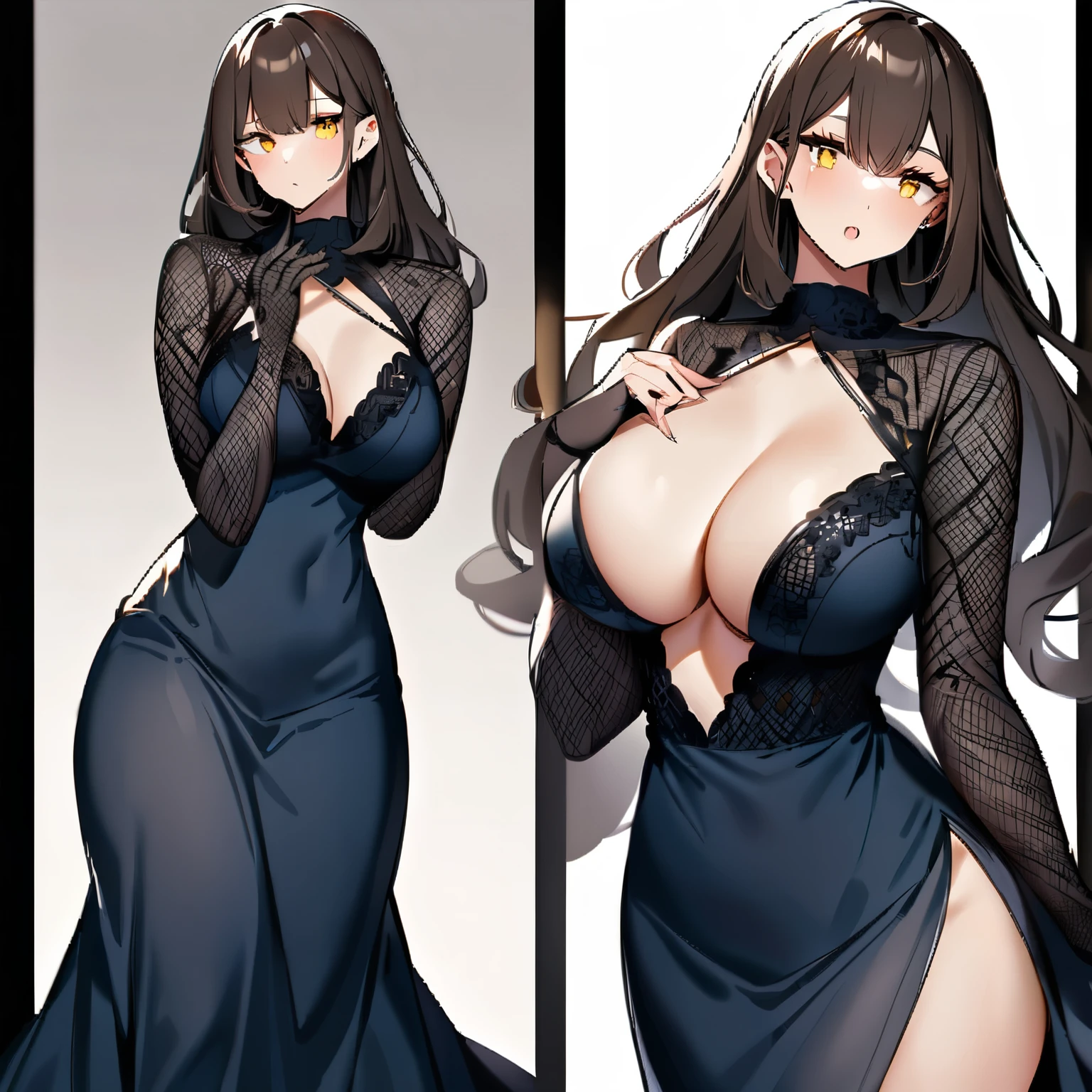 long brunette hair and beautiful golden eyes, matching with her fair skin. She is dressed with a blue turtleneck sweater and above all a black lace dress that revealed her curves