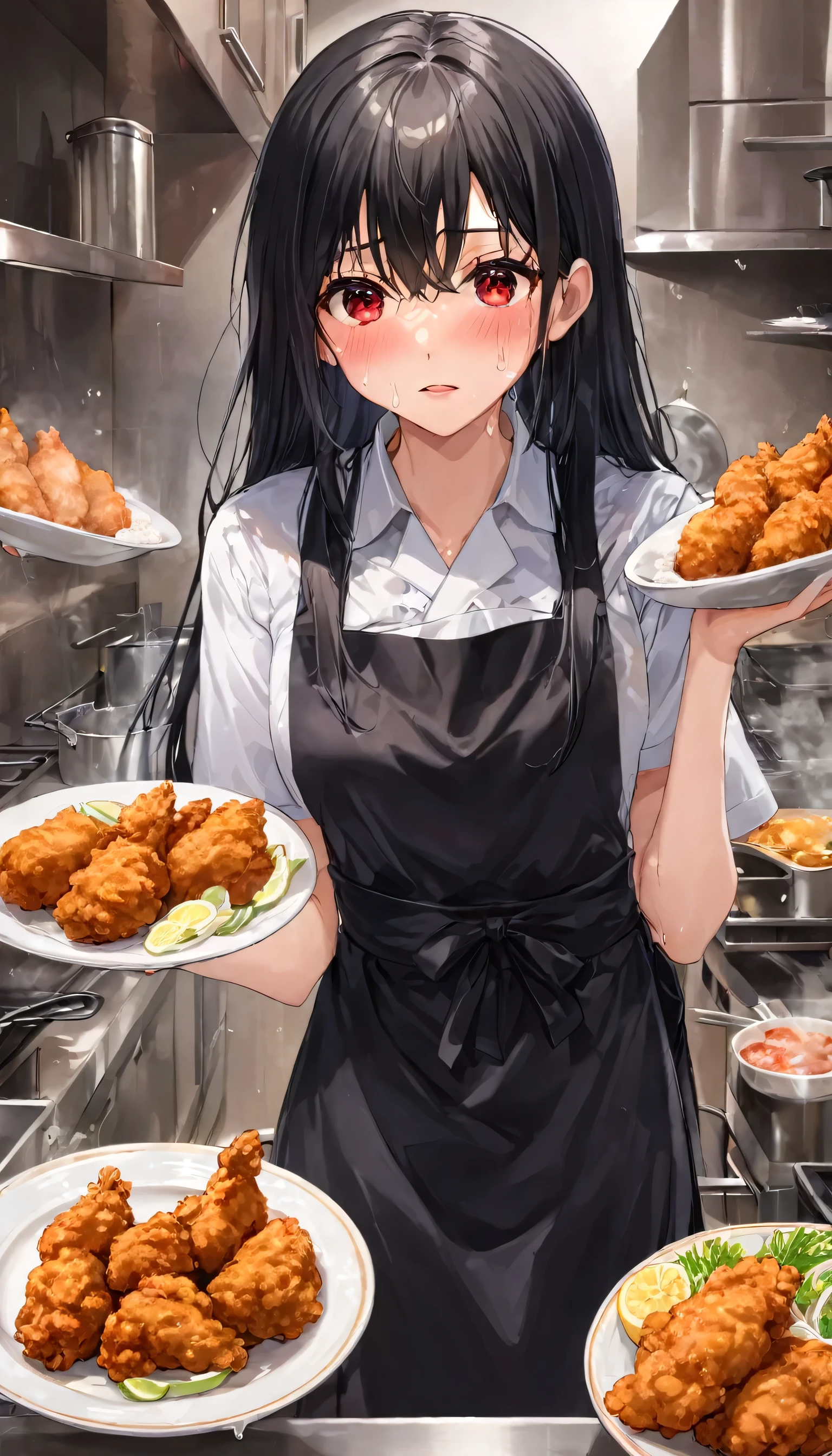 (portrait) ((sad face)), (in a lovely black Apron dress) (solo straight black hair long hair cute femdom girl, 18 yo, detailed red eyes, tears:1.3), BREAK, (in the Large kitchen, many chicken Karaage on the biggest dishes), break, perfect anatomy, masterpiece, best quality, 16k.