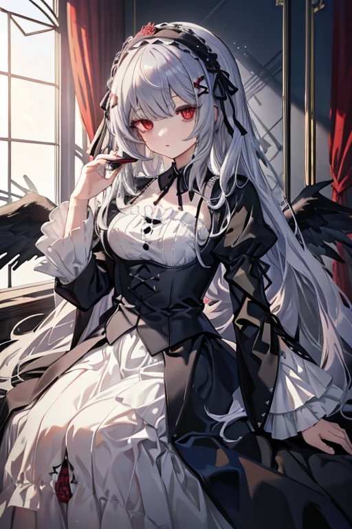 masterpiece, highest quality, High resolution, 1 、Red eyes、
Gray Hair、Straight Long Hair、Luxury Bedroom、sui1, suigintou, Gothic Dress, Flower Hair Ornaments, Long sleeve, gothic hair band, ribbon, Black Dress, Black wings