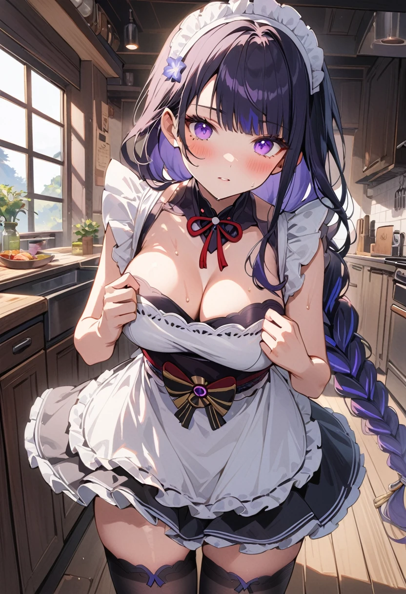 UHD, ccurate, masterpiece, anatomically correct, textured skin, super detail, best quality, 16k, 1080P,SOLO,(1 Female,perfect body,big oppai),(purple long hair with long single braid),(wearing A maid-dress:1.7),(sweating skin:1.7),(Wearing black Silk Stockings:1.7),(Open pose:1.7),(Full blush:1.7),(In Japanes kitchen:1.9)(Genshin Impact/Raiden Shogun),[detail face]