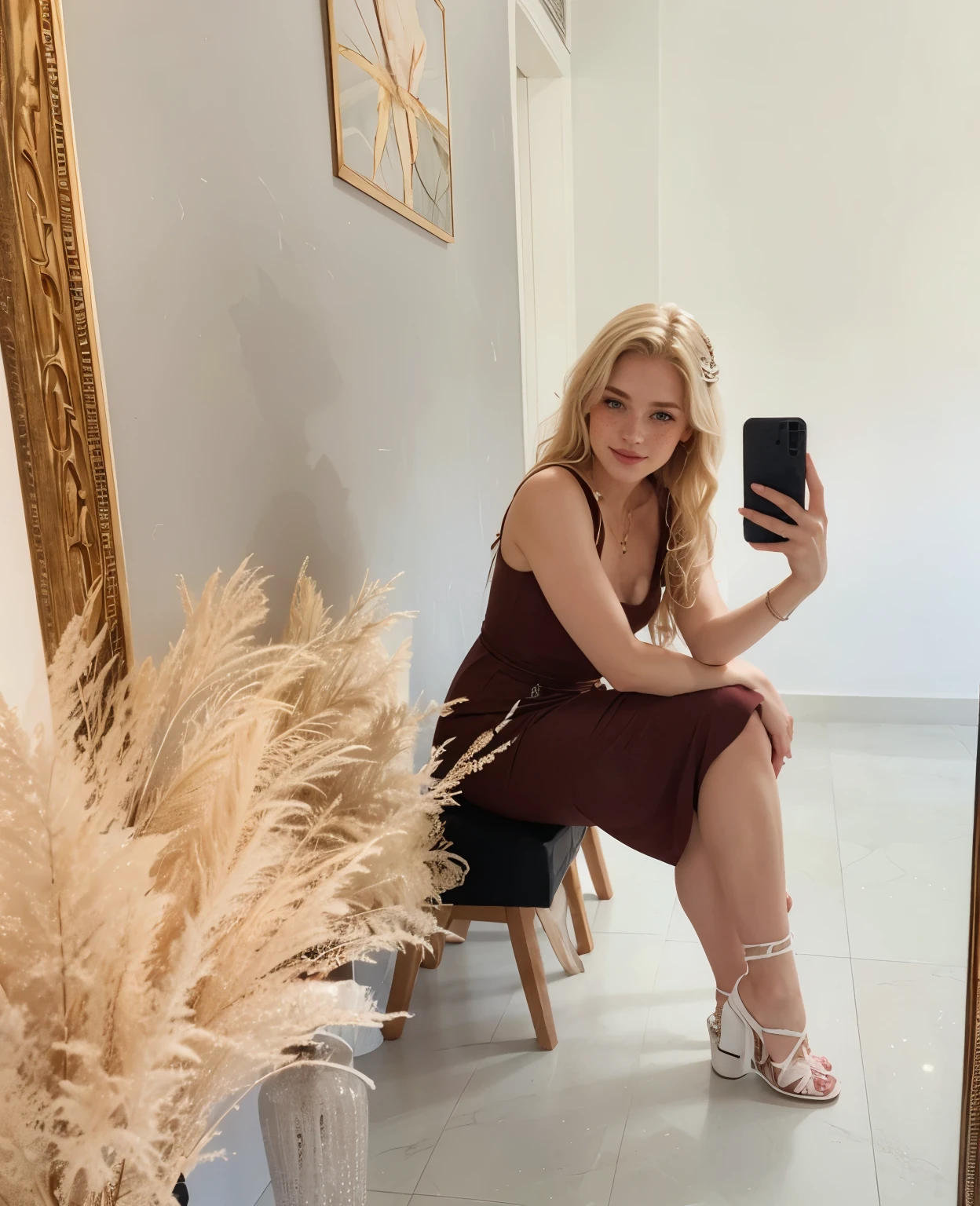 Woman, americana, age 25, pale skin and freckles, gray eyes, delicate nose, soft and delicate lips, far away, cabelo blondie far away e ondulado na altura da cintura, sweet smile, face with delicate feminine facial features, highly rendered
