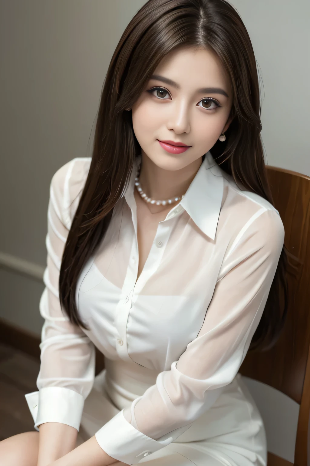 (RAW Photos), (Realistic), (masterpiece), (highest quality), High resolution, 8k, (Intricate details), (Volumetric Light), Portraiture, woman, Age 25, Medium Hair, Straight hair, Mid-chest, Layered Hair, Brown Hair, Very beautiful eyes, Source order, Very thin eyebrows, Very fine skin, Very beautiful mouth, Very nice nose, Cute like an idol, smile, (Thick lips), (Looking at the audience), (See-through pearl white collar dress shirt), Above the knee shot、Sitting on a chair、