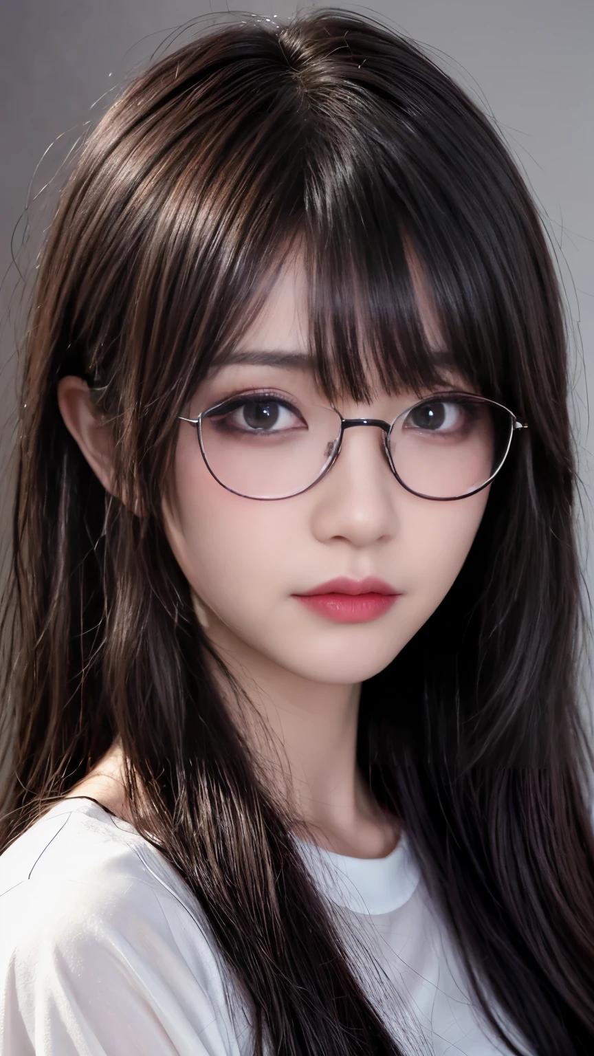 background(黒いnight空,Big Moon),Close-up of a woman,Wearing a white shirt、((Black-rimmed glasses))、Purple Hair,Very long hair,very thick braids,Purple eyes,big , realistic girl rendering, 8k artistic german bokeh, Enchanting girl, Real Girl, Gurwitz, Gurwitz-style artwork, Girl Roleplay, Realistic 3D style, cgstation Popular Topics,, 8K Portrait Rendering,(truth,truth:1.4),巨big ,Sparkling eyes,Purple eyes、Captivating beauty、Attractive adult woman、Beautiful woman、Cool girl、evil female、brainwashingされた、brainwashing、Fallen into evil、Grin、邪evilな表現、邪evilな笑顔、evil、Brown Hair、Wavy Hair、Swept-apart bangs、Heavy makeup、Heavy makeup、Sharp Eye、Hollow Eyes,Half-closed eyes、Hollow Eyes、Purple Eyeshadow、Black lipstick、Black lip gloss、Long black cheongsam、Wide sleeves、night、Spooky Fortressscape Brush、Compensate、Are standing、