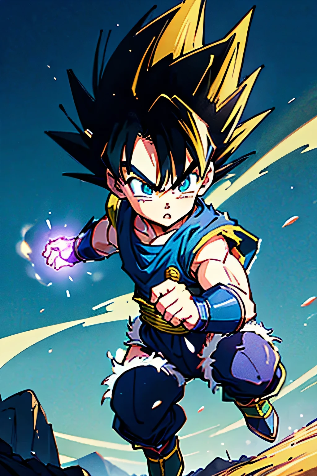 (best quality,4k,8k,highres,masterpiece:1.2),ultra-detailed,(styly Dragon ball anime antigo), vibrant colors, dynamic lighting, portrait, anime, Saiyan, Vegeta's son, cute, spiky hair, energetic expression, 5-year-old boy, confident gaze, determined look, iconic blue Saiyan armor, confident pose, floating energy aura, intense training scene, green grassy field, bright blue sky, playful atmosphere, Dragon Ball Z-inspired artwork