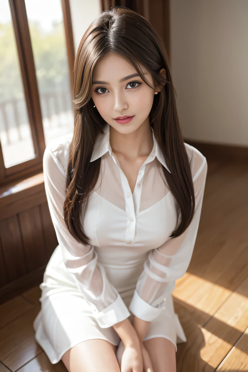 (RAW Photos), (Realistic), (masterpiece), (highest quality), High resolution, 8k, (Intricate details), (Volumetric Light), Portraiture, woman, Age 25, Medium Hair, Straight hair, Mid-chest, Layered Hair, Brown Hair, Very beautiful eyes, Source order, Very thin eyebrows, Very fine skin, Very beautiful mouth, Very nice nose, Cute like an idol, smile, (Thick lips), (Looking at the audience), (See-through pearl white collar dress shirt), Above the knee shot