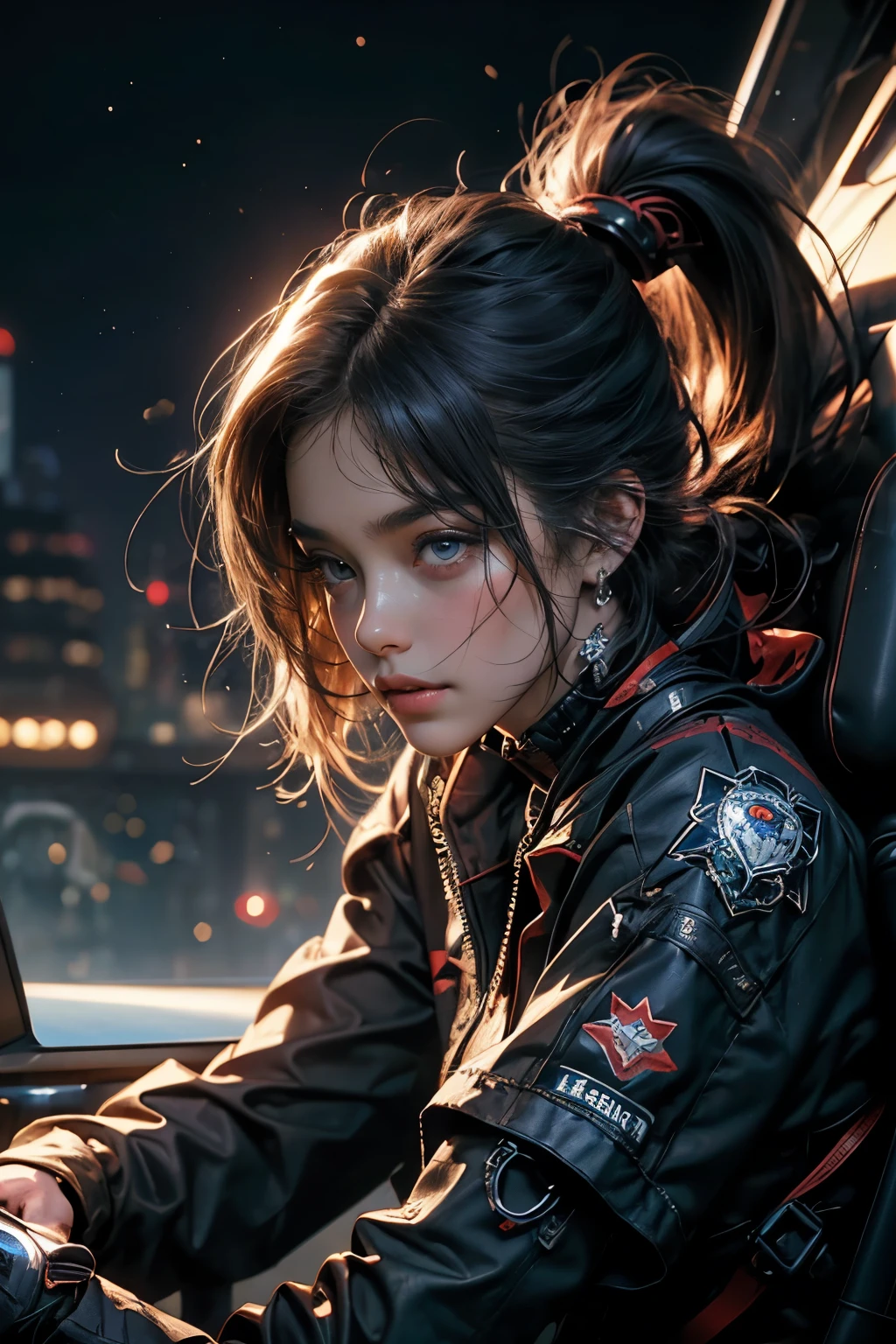 CG Mecha, Beautiful eyes, Upper body, Mechanic Armor, Portrait,Jet boots、flying though the air、patrol、 police officers、flawless、Neon light, 8K, raw, Best Quality, masutepiece, 超A high resolution, Colorful, (medium wide shot), (Dynamic perspective), sharp focus , (depth of fields, Bokeh:1.3), extremely detailed eye and face,ninjartist, Beautiful detailed eyes, Trimmed gear:1.2), ((masutepiece, Best Quality)), Detailed background, Inside the spacecraft、Hold your weapon、（Gray hair）、brue eyes、poneyTail、dirty、bio luminescent、fullmoon、Photographed with Canon R5、Get down on one knee、Dark Fantasy,​masterpiece、movie、art by、law、psychedelic, girl
