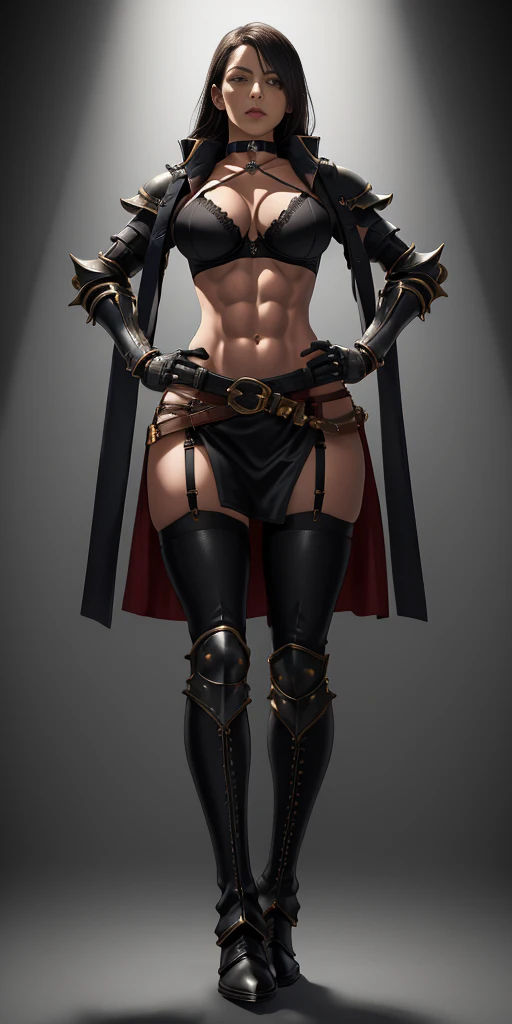 Female full body standing straight symmetrical looking to the viewer RED full body armored (handcuffs, shackles, rerebrace, faulds, poleyn, gauntlets, leather collar choker, gloves, gauntlets, high boots bootstraps, black stockings) 2 crossing big belt under belly button, navel, abs, garter straps belts attaching bra big knockers ((hands on hips)) view from below, wide hips