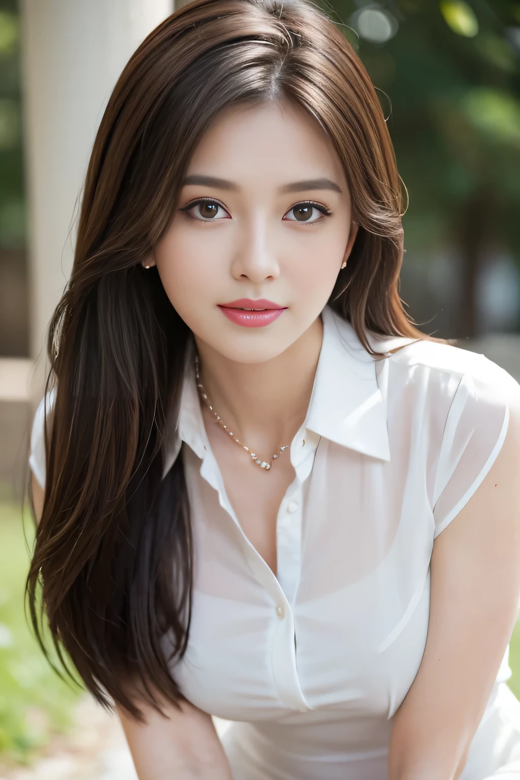 (RAW Photos), (Realistic), (masterpiece), (highest quality), High resolution, 8k, (Intricate details), (Volumetric Light), Portraiture, woman, Age 25, Medium Hair, Straight hair, Mid-chest, Layered Hair, Brown Hair, Very beautiful eyes, Source order, Very thin eyebrows, Very fine skin, Very beautiful mouth, Very nice nose, Cute like an idol, smile, (Thick lips), (Looking at the audience), (See-through pearl white collar dress shirt), Above the knee shot