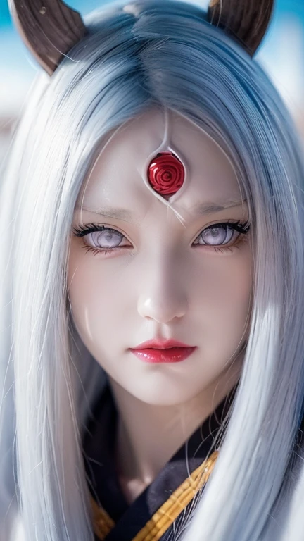 a close up of a person with long hair and a hoodie, otsutsuki kaguya, kaguya from anime naruto, as an anime character, perfect anime face, she has white hair with bangs, female anime character, anime character, anime best girl, hime cut hairstyle, white hair, (red glossy lips:1.3), white eyes, smile, city background, (beautiful face:1.3)
