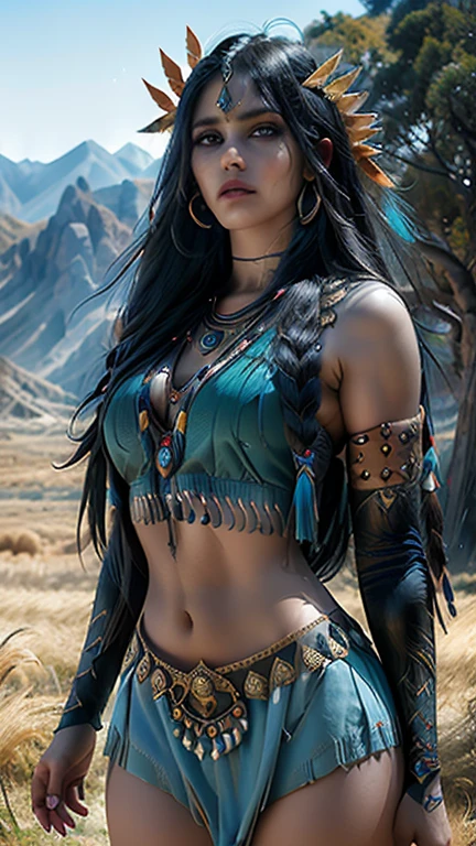 Young tantric priestess with tattoos and percings next to a wolf on an ultra-detailed photorealistic mountain --auto