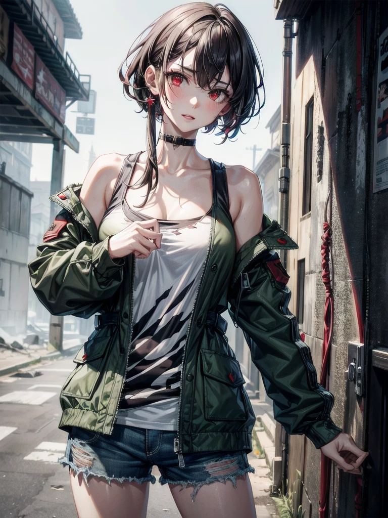ruined building, (torn clothes), (soldier camouflage jacket), tank top shirt, absurdres, RAW photo, extremely delicate and beautiful, masterpiece, Best Quality, ultra high resolution, 32k, hyperrealistic, ultra-detailed, detailed description, pale skin, 20 years old, tearful mole, earring, short medium hair, wavy hair, whole body shot, legs, Red eyes,