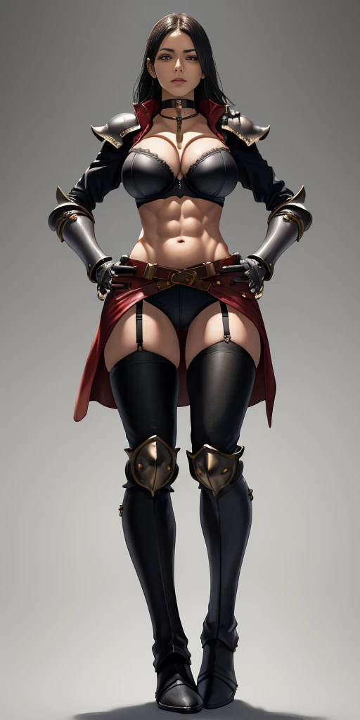 (Plain background) Female full body standing straight symmetrical looking to the viewer RED full body armored (handcuffs, shackles, rerebrace, faulds, poleyn, gauntlets, leather collar choker, gloves, gauntlets, high boots bootstraps, black stockings) 2 crossing big belt under belly button, navel, abs, garter straps belts attaching bra big knockers ((hands on hips)) view from below, wide hips