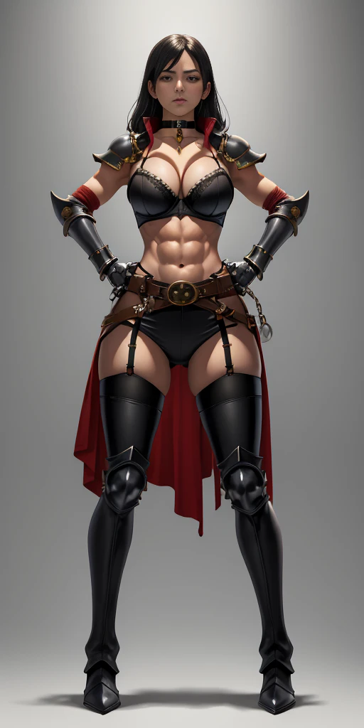 (Plain background) Female full body standing straight symmetrical looking to the viewer RED full body armored (handcuffs, shackles, rerebrace, faulds, poleyn, gauntlets, leather collar choker, gloves, gauntlets, high boots bootstraps, black stockings) 2 crossing big belt under belly button, navel, abs, garter straps belts attaching bra big knockers ((hands on hips)) view from below, wide hips