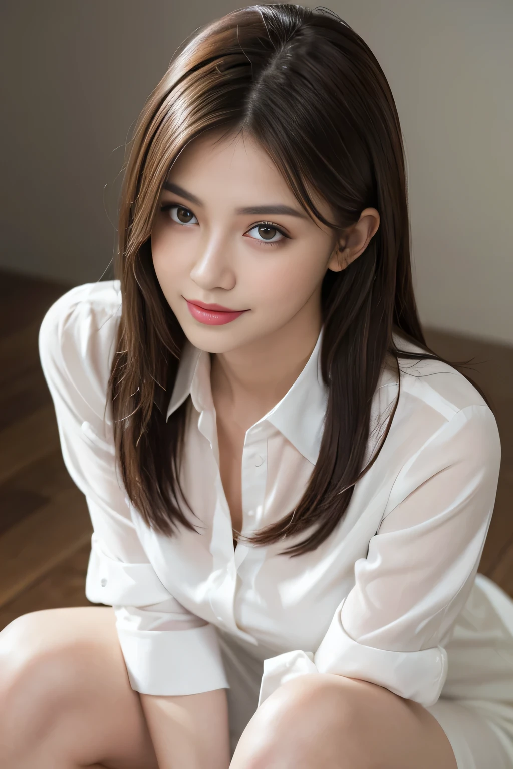 (RAW Photos), (Realistic), (masterpiece), (highest quality), High resolution, 8k, (Intricate details), (Volumetric Light), Portraiture, woman, Age 25, Medium Hair, Straight hair, Mid-chest, Layered Hair, Brown Hair, Very beautiful eyes, Source order, Very thin eyebrows, Very fine skin, Very beautiful mouth, Very nice nose, Cute like an idol, smile, (Thick lips), (Looking at the audience), (See-through pearl white collar dress shirt), Above the knee shot