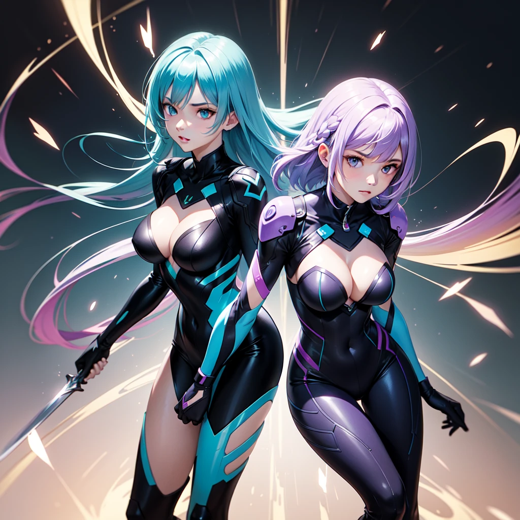 best quality, 32k, high-definition art, high resolution, ultra-detailed, extremely detailed, top quality, ultra quality, multiple girls, navel, 2girls, cleavage, medium breasts, intense action,
BREAK
a Cryptic Girl:(Purple White Gradient Long Twin Braided Hair:1.2),
BREAK
a SeaArt Girl:(Cyan Tornado Hair:1.2),
BREAK
multiple girls, weapon, midriff, sword, cyber costume, SF costume, sparkle, flash, colored skin, action pose, dynamic pose, action pose, heroic pose