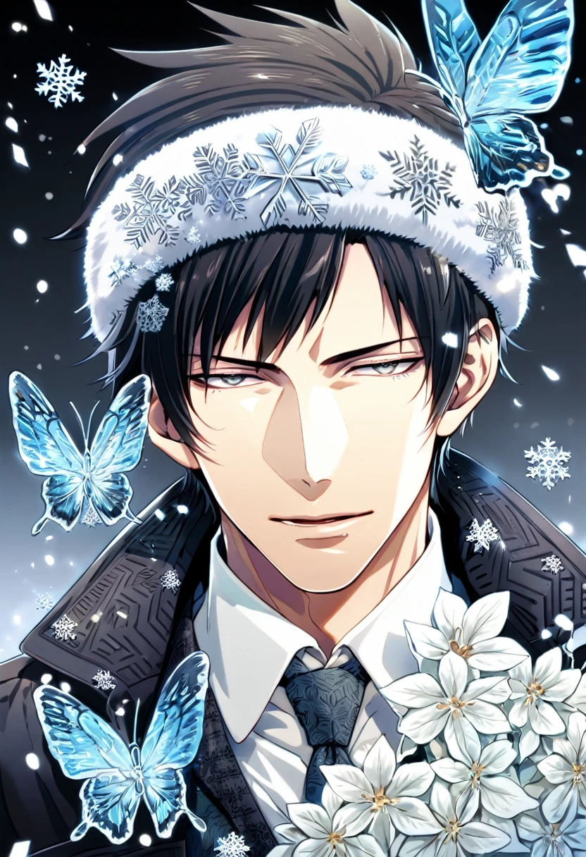 Ultra detailed, HDR, Highres, absurdres, master piece, Kogami Shinya, black hair, expressive silver eyes, black coat with patterns, Psycho Pass, ice butterflies, winter, ice, snowflakes, white flowers, sexy man, solo, extremely detailed face and eyes, handsome, glittering, toned chest, white shirt,