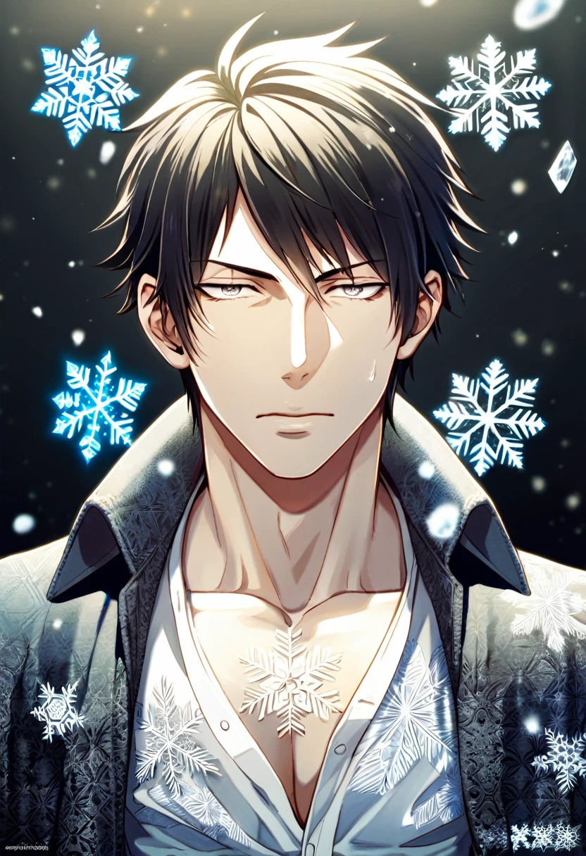absurdres, highres, ultra detailed, HDR, master piece, best quality, Kougami Shinya, black hair, expressive gray eyes, Psycho Pass, solo, sexy man, handsome, toned chest, black coat, snowflakes, butterflies, winter