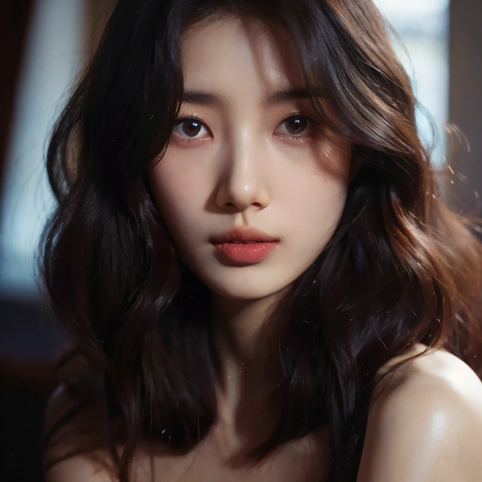 film portrait photography, 1girl, bare shoulders, wavy shoulder-length hair, serene, calm, (realistic detailed eyes, natural skin texture, realistic face details), soft dramatic lighting, depth of field, bokeh, vibrant details, finely detailed, hyperrealistic, 35mm film, hazy blur, asian woman