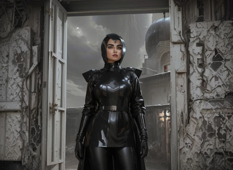 Arabian woman in leather outfit standing in doorway, As a retro-future heroine, Sci-fi movie stills, ファンタジーMovie stills, Black Leather Costume, latex suit and raincoat, As a retro-future heroine, Movie stills, 50's Vintage SCI-FI Style, Style、A blend of eternal flow
