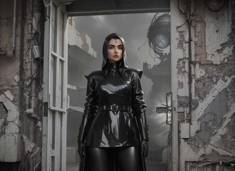 Arabian woman in leather outfit standing in doorway, As a retro-future heroine, Sci-fi movie stills, ファンタジーMovie stills, Black Leather Costume, latex suit and raincoat, As a retro-future heroine, Movie stills, 50&#39;s Vintage SCI-FI Style, Style、A blend of eternal flow