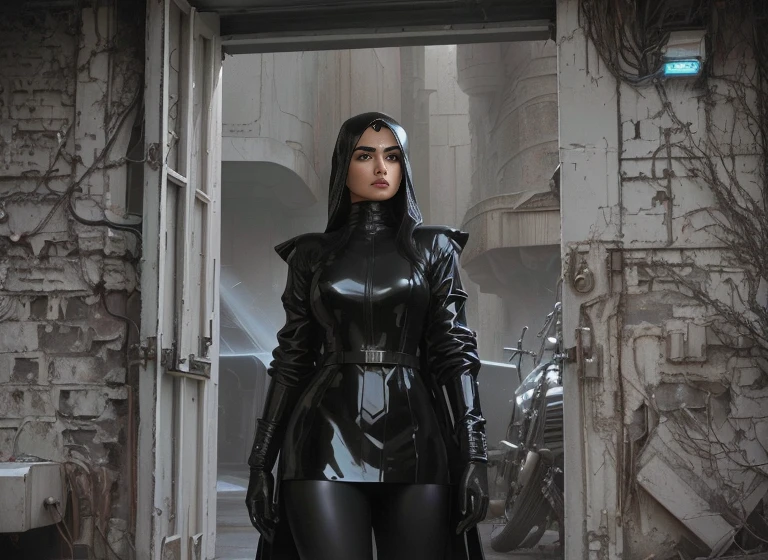 Arabian woman in leather outfit standing in doorway, As a retro-future heroine, Sci-fi movie stills, ファンタジーMovie stills, Black Leather Costume, latex suit and raincoat, As a retro-future heroine, Movie stills, 50's Vintage SCI-FI Style, Style、A blend of eternal flow