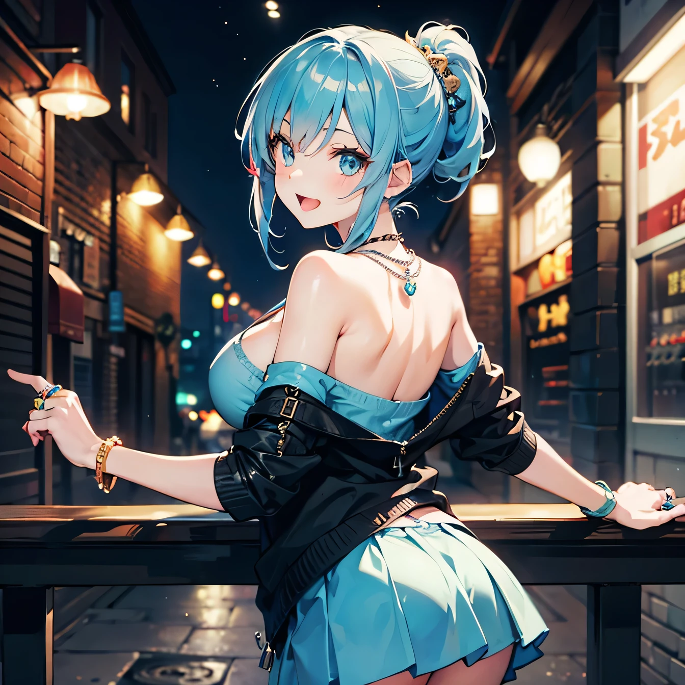 Anime Moe Art Style,highest quality,High resolution,Anatomically correct,One Girl,-teegirl with light blue hair in a ponytail,Super detailed,Fantasy-style world,Off-the-shoulder tops,mini skirt,Big Breasts,A rich expression,Laughing with your mouth open,In town,Back view,Eyes drawn in detail,hair ornaments,necklace,bracelet,ring,8K