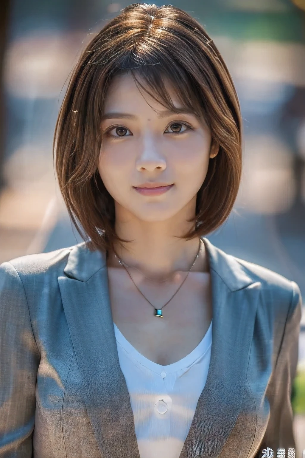 (At the zoo:1.5), (The best quality at its best:1.4), (Super detailed), (Very detailed CG unified 16k), Beautiful woman with perfect figure: 1.4, Sharp focus: 1.2, Very detailed, High-quality RAW color photos, Professional photography, Great face and eyes, cosmetics, (Amazingly beautiful girl), ((In a suit:1.5)), Sexy posture,(View from below), Realistic movie faces, Wide zoomed out view of head to foot length, Full body long view, Realistic, ((Realistic natural orange red hairstyle, Realistic blue eyes)), ( Short Bob Hair:1.5), (necklace:1.5)、, Very beautiful face, Perfect model beauty, Mouth swelling, Highly detailed face and skin texture, Fine grain, double eyelid, Medium chest, smile, Crack, west, (masterpiece), highest quality, High resolution, Very detailed, Blurred Background, Depth of written boundary, Cinema Lighting, Great legs, , Clear, well-maintained skin, (((Women make up the majority of the photo)))