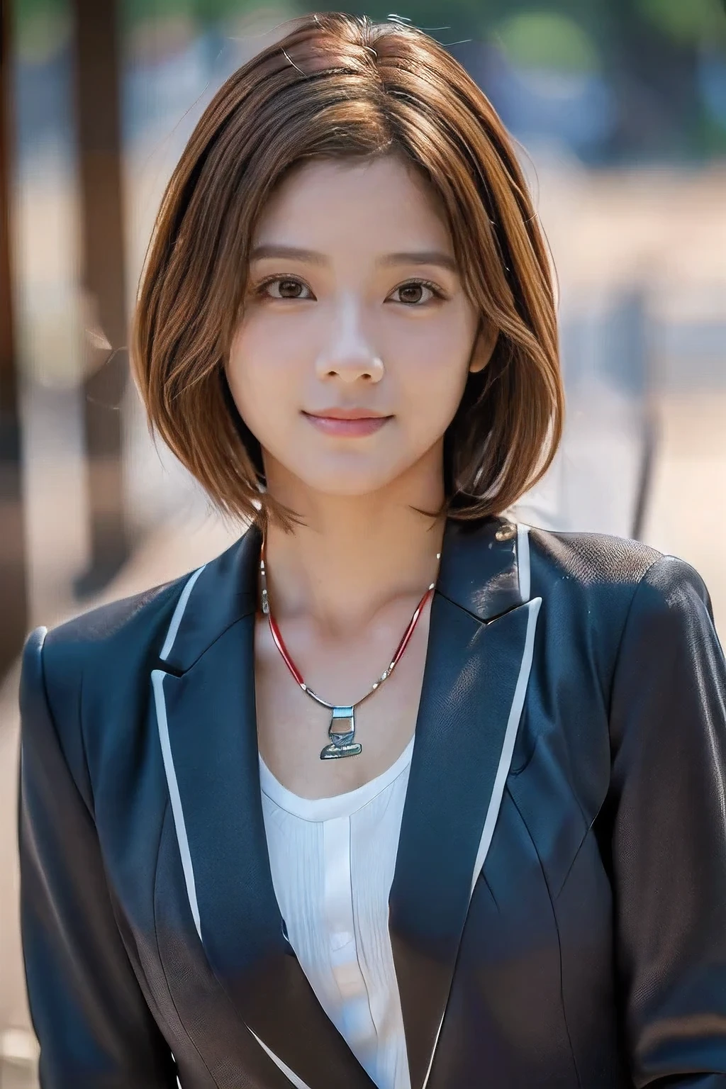 (At the zoo:1.5), (The best quality at its best:1.4), (Super detailed), (Very detailed CG unified 16k), Beautiful woman with perfect figure: 1.4, Sharp focus: 1.2, Very detailed, High-quality RAW color photos, Professional photography, Great face and eyes, cosmetics, (Amazingly beautiful girl), ((In a suit:1.5)), Sexy posture，(View from below), Realistic movie faces, Wide zoomed out view of head to foot length, Full body long view, Realistic, ((Realistic natural orange red hairstyle, Realistic blue eyes)), ( Short Bob Hair:1.5), (necklace:1.5)、, Very beautiful face, Perfect model beauty, Mouth swelling, Highly detailed face and skin texture, Fine grain, double eyelid, Medium chest, smile, Crack, west, (masterpiece), highest quality, High resolution, Very detailed, Blurred Background, Depth of written boundary, Cinema Lighting, Great legs, , Clear, well-maintained skin, (((Women make up the majority of the photo)))