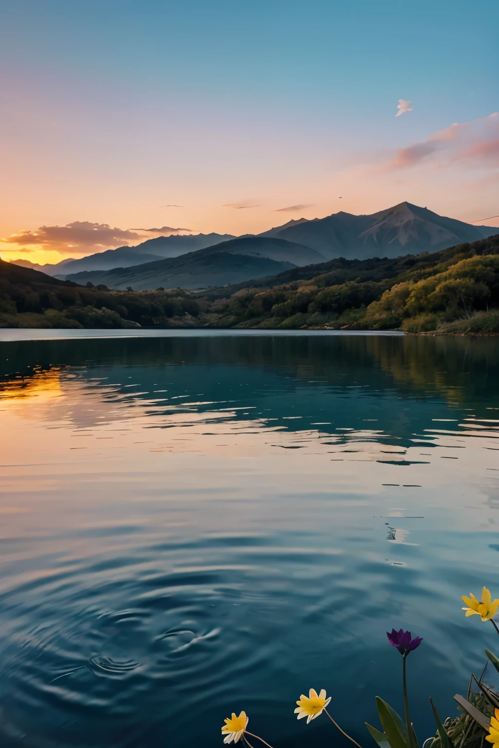 Lago en arardecer con flores y una balsa 