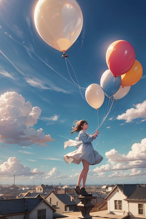 In the blue sky, the pink balloon floats delicately, spreading charm and tranquility.