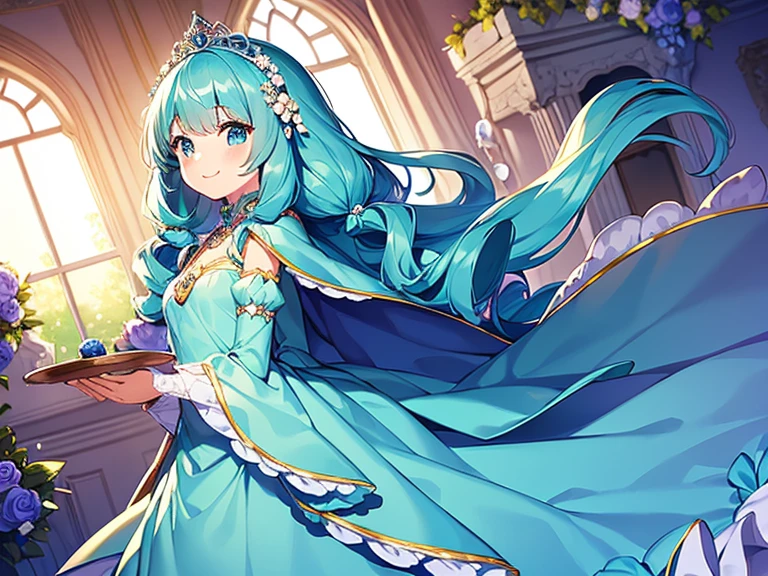 (kawaii),(best quality),(ultra detailed), upper body,(rococo style),(long train mint blue cape:1.05), very long cape,(long train mint blue ball gown with flower decorations:1.05), a girl is wearing a cape over her gown, 1 princess, tiara, smile, small breasts, very long hair