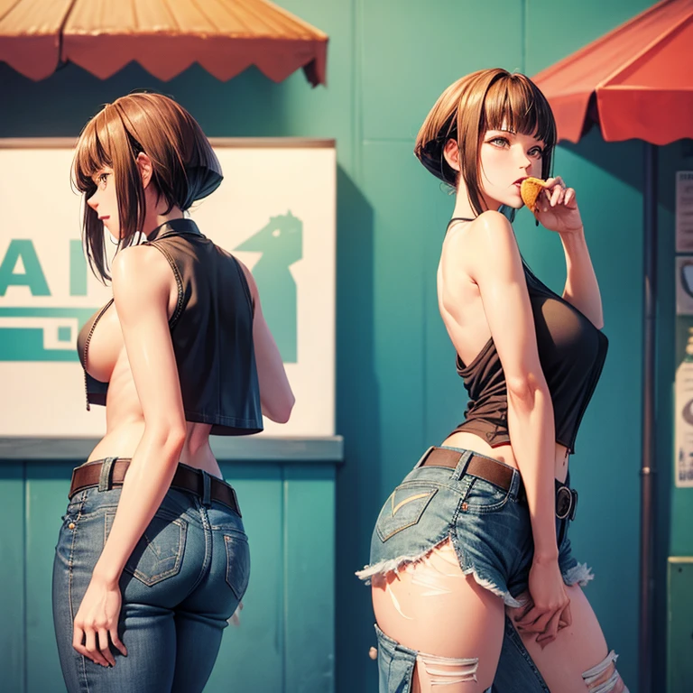 A woman in full-zip shorts eats a tlayuda at a taco stand Jeans have a belt With side slits Big Ass Upper body naked