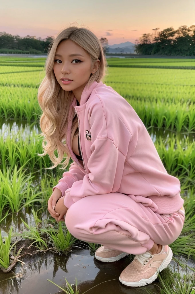 gyaru, dark-skinned, shiny oiled skin, blond hair, wearing pink tracksuits, squatting in the rice field, at sunrise