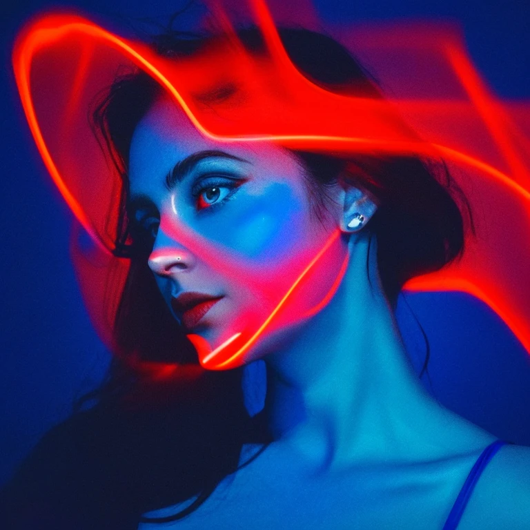arafed image of a woman with a man's face in the background, an album cover by Giorgio Cavallon, tumblr, digital art, glowing face, blue and red lighting, glowing blue face, red and blue lighting, red and blue back light, blue and red lights, red and blue neon, blue and red tones, light falling on face, face illuminated