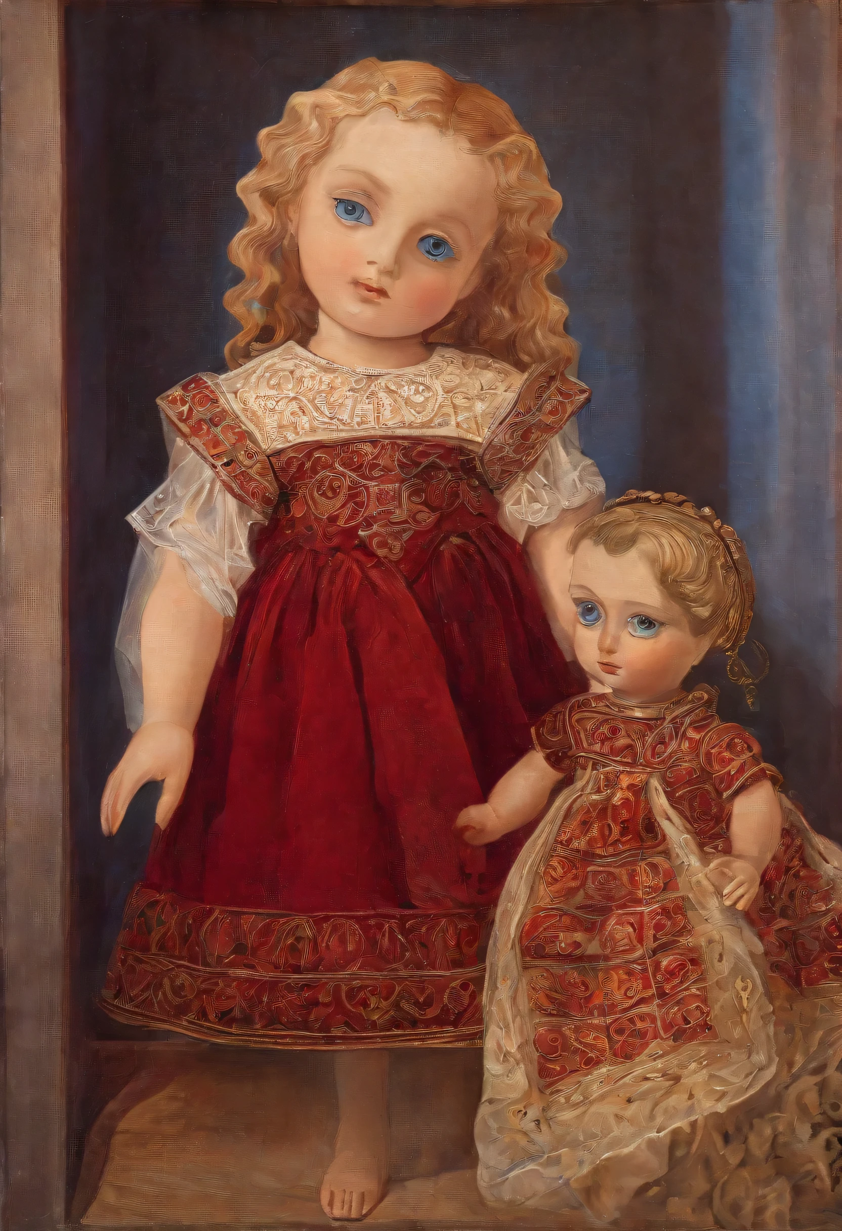 oil painting, (best quality, highres), detailed antique doll, wearing a red and gold dress, decorative patterns, intricate lace details, porcelain doll features, delicate hand-painted face, curly blonde hair, vintage wooden chair, velvet upholstery, embroidered cushion, natural lighting, soft shadows, warm color palette, leonardo da vinci style