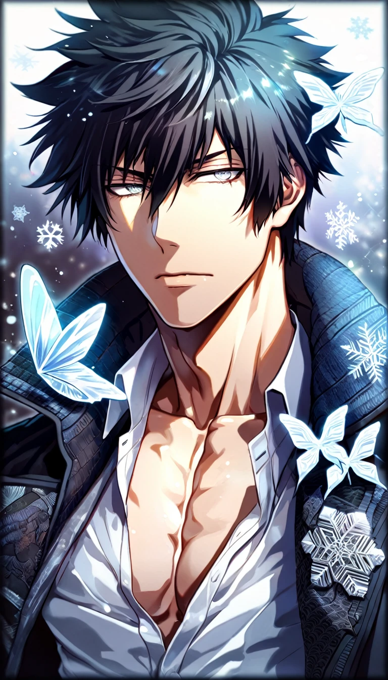 Ultra detailed, HDR, Highres, absurdres, master piece, Kougami Shinya, black hair, expressive silver eyes, black coat with patterns, Psycho Pass, ice butterflies, winter, ice, snowflakes, white flowers, sexy man, solo, extremely detailed face and eyes, handsome, glittering, toned chest, white shirt,