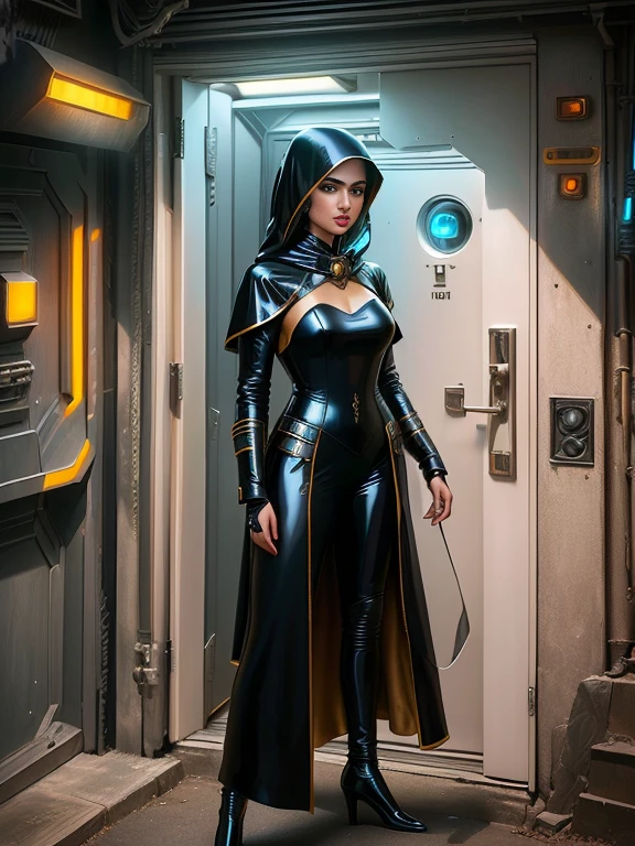 Arabian woman in leather outfit standing in doorway, As a retro-future heroine, Sci-fi movie stills, ファンタジーMovie stills, Black Leather Costume, latex suit and raincoat, As a retro-future heroine, Movie stills, 50's Vintage SCI-FI Style, Style、A blend of eternal flow