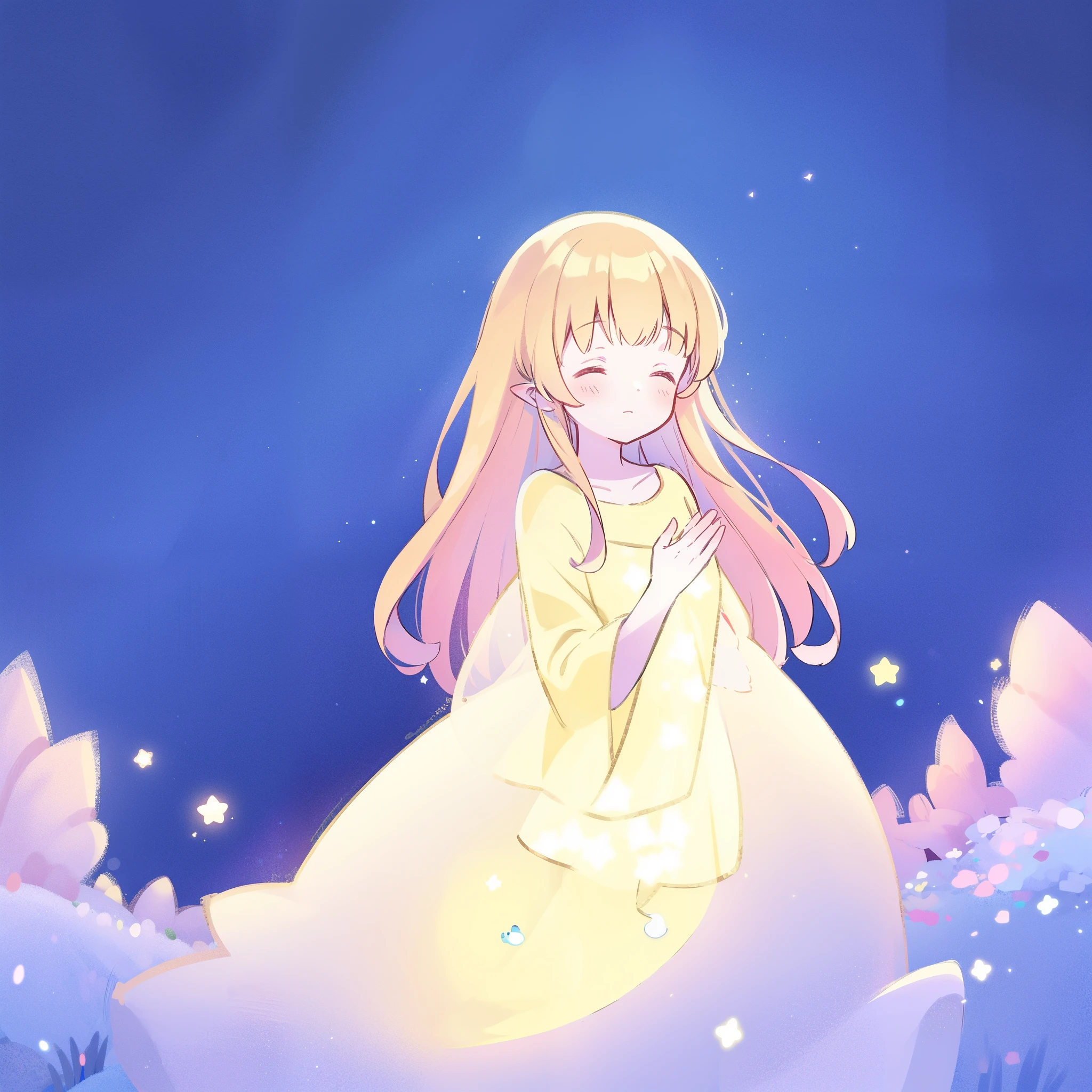 complex background, wishing star background, a woman wearing an ethereal mystical pink translucent dress that reflects the stars, dreamy, peaceful, serene composition, glowing stars, glowing, complex drawing, highly detailed, ethereal, starry night, midjourney style