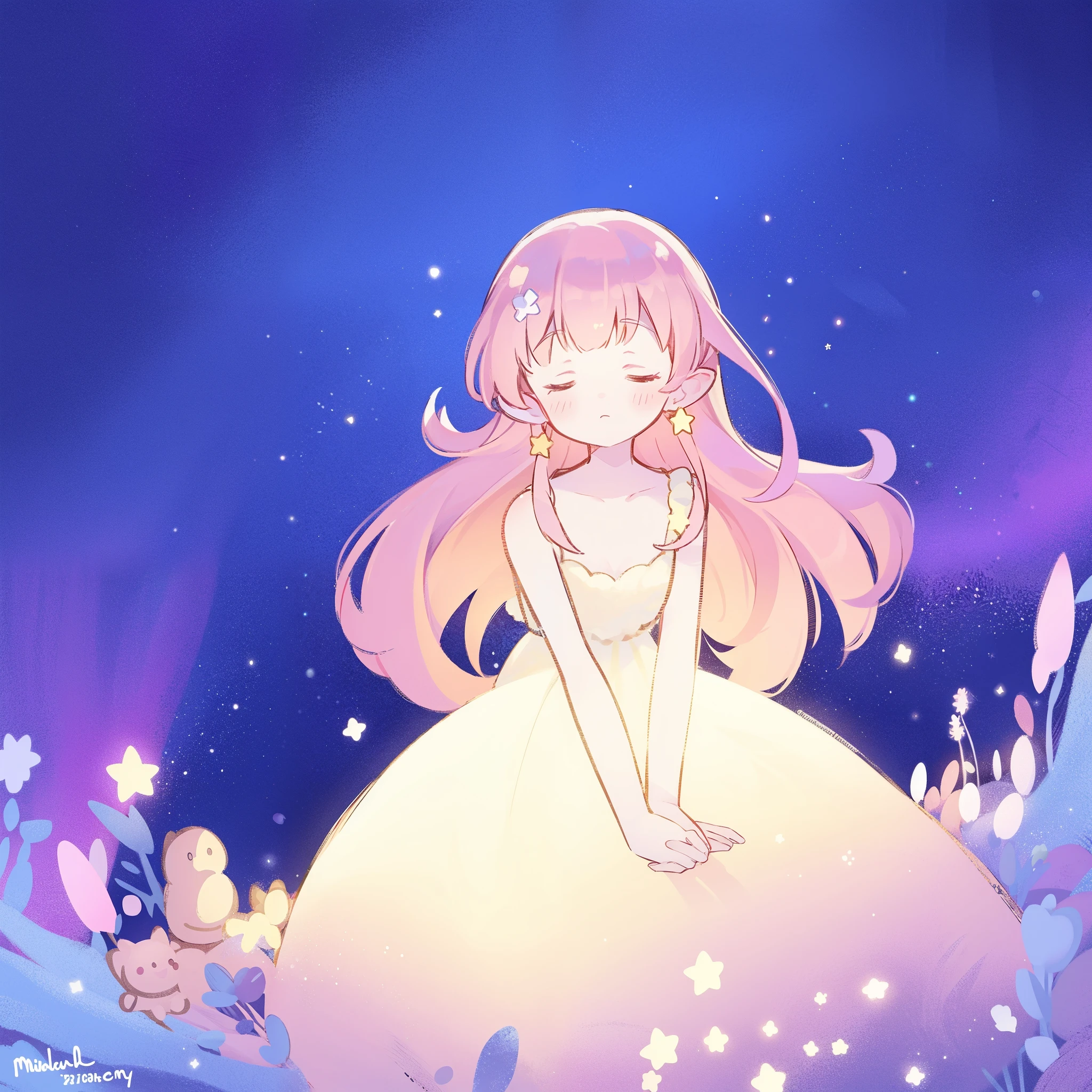 complex background, wishing star background, a woman wearing an ethereal mystical pink translucent dress that reflects the stars, dreamy, peaceful, serene composition, glowing stars, glowing, complex drawing, highly detailed, ethereal, starry night, midjourney style