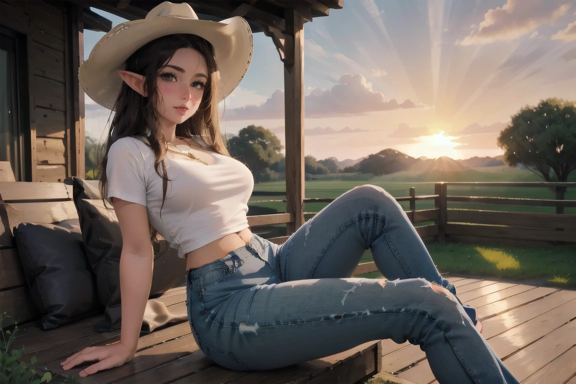 (elf girl), master piece, blushing, freckles, wide hips, slim waist, thick thighs, masterpiece, best quality, sfw, mature 36 year old woman, brown hair, moist face,  wavy hair, mouth open, shiny. lips, beutiful round eyes, black tshirt, tight jeans, mood light, soft lap light, cozy mood, Lofi astetic, the scene emulates an immense feeling of comfort and safety, high waist jeans, tight pants, ripped jeans, (large thigh rip on jeans), Beautiful eyes, the most beautiful eyes youve ever seen, shiny thighs, (extremely ripped jeans), camel toe, hands in lap, pointy ears, short sleeve, cleavege, gold necklace, looking at viewer, medium breasts, cowboy hat, large cowboy hat, cowboy hat sitting low on head, shirt tucked in, outside on ranch, sitting on porch, sunset, sun setting in backround, cattle ranch, dark red sunset, leaning forward, 1 girl solo, cows grazing in background, thick flowing hair, floating hair, full body shit