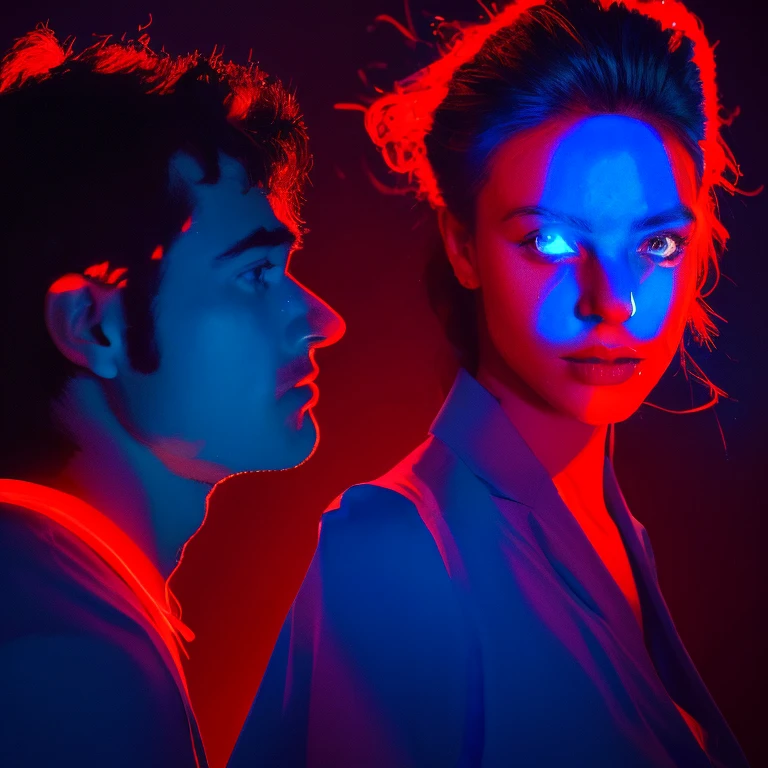 arafed image of a woman with a man's face in the background, glowing face, blue and red lighting, glowing blue face, red and blue lighting, red and blue back light, blue and red lights, red and blue neon, blue and red tones, light falling on face, face illuminated, glowing lens flare wraith girl, official artwork