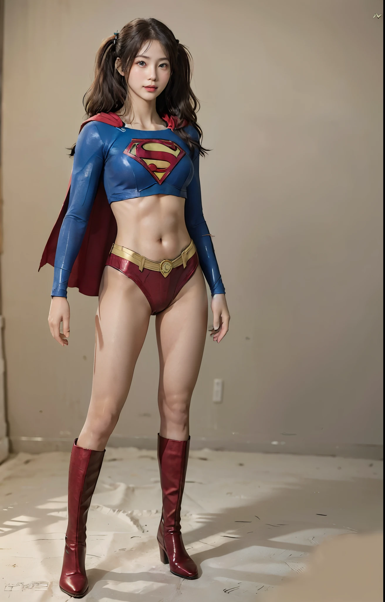 No background、(((Beautiful legs in black tights.)))、(((Legally express the beauty of your smile)))、((((Make the most of your original images)))、(((Body-fitting Supergirl costume)))、(((Supergirl Costume)))、(((Beautiful hair with twin tails)))、(((suffering)))、(((Please wear black tights....、Wear red boots)))、((Best image quality、8k))、((highest quality、8k、masterpiece:1.3))、(((Preserve background )))、Sharp focus:1.2、Beautiful woman with perfect figure:1.4、Slim Abs:1.2、Wet body:1.5、Highly detailed face and skin texture、8k