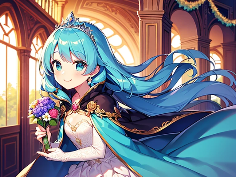 (kawaii),(best quality),(ultra detailed), upper body,(rococo style),(long train mint blue cape:1.05), very long cape,(long train mint blue ball gown with flower decorations:1.05), a girl is wearing a cape over her gown, 1 princess, tiara, smile, small breasts, very long hair
