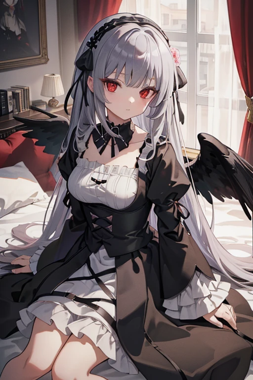 masterpiece, highest quality, High resolution, 1 12-year-old girl、Red eyes、
Gray Hair、Straight Long Hair、Luxury Bedroom、sui1, suigintou, Gothic Dress, Flower Hair Ornaments, Long sleeve, gothic hair band, ribbon, Black Dress, Black wings