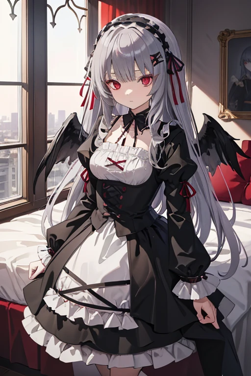 masterpiece, highest quality, High resolution, 1 ****************、Red eyes、
Gray Hair、Straight Long Hair、Luxury Bedroom、sui1, suigintou, Gothic Dress, Flower Hair Ornaments, Long sleeve, gothic hair band, ribbon, Black Dress, Black wings