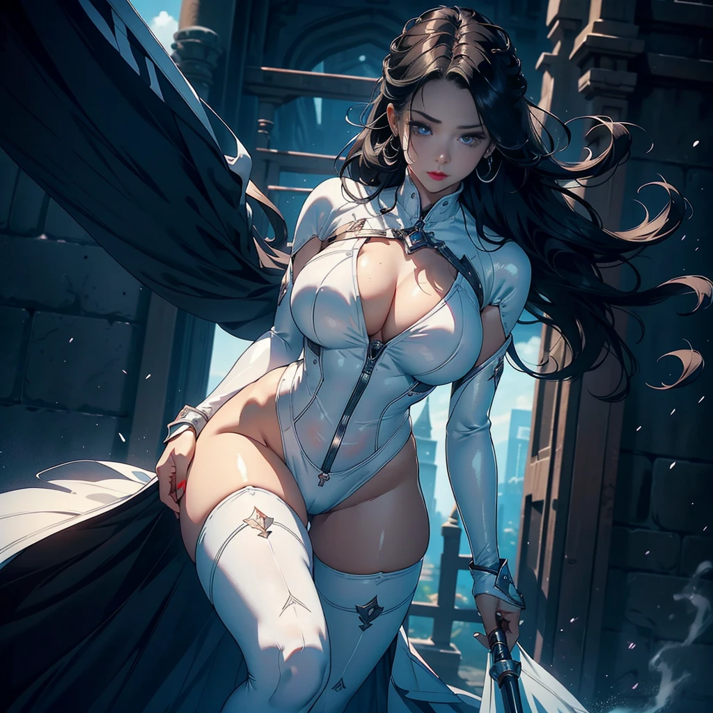 1womanl,20 years old,big girl,large hips, trapezoidal hips, big tits,Raised sexy,Pornographic exposure,Beauty contests,standing on your feet(Background with:A castle)Snow-white skin, She has long black hair,Long hair flutters in the wind,Redlip,seen from the front, hair straight, mostly cloudy sky,(((tmasterpiece),(Very detailed CG unity 8K wallpaper),best qualtiy,cinmatic lighting,detailed back ground,beatiful detailed eyes,Bright pupils,(Very fine and beautiful),(Beautiful and detailed eye description),Black eyes,Redlip,ultra - detailed,tmasterpiece,)),facing at camera,(The upper part of the body),A high resolution,ultra - detailed),revealing breasts,Bare genitalia, Bulge,legs are open,sexyposture,Camel toes,Flushed complexion,under wear,frontage,elementary student(Wearing:White transparent spacesuit,Armour,Bare breasts,Bare genitalia)
